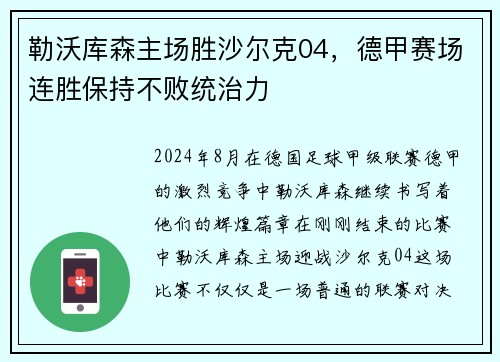 勒沃库森主场胜沙尔克04，德甲赛场连胜保持不败统治力