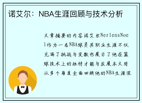 诺艾尔：NBA生涯回顾与技术分析